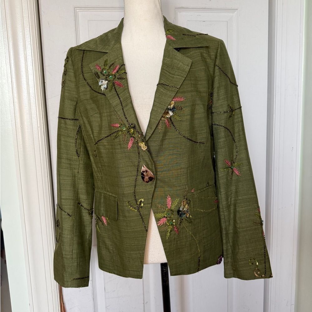 Silk Y2K Eye Brand Blazer with Velvet and Bead Details Sz 10